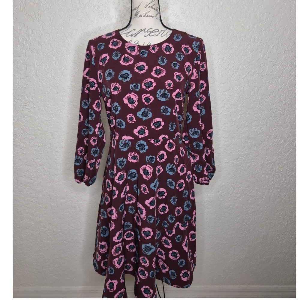 Loft Outlet Burgundy Pink Floral Poppy Fit and Flare Dress Long Sleeve Size 6